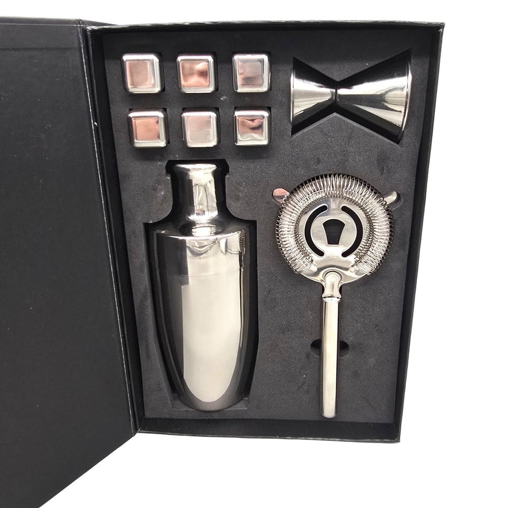 Brookstone Bar Set Silver Cocktail Shaker Jigger Strainer Ice Cubes 9pc